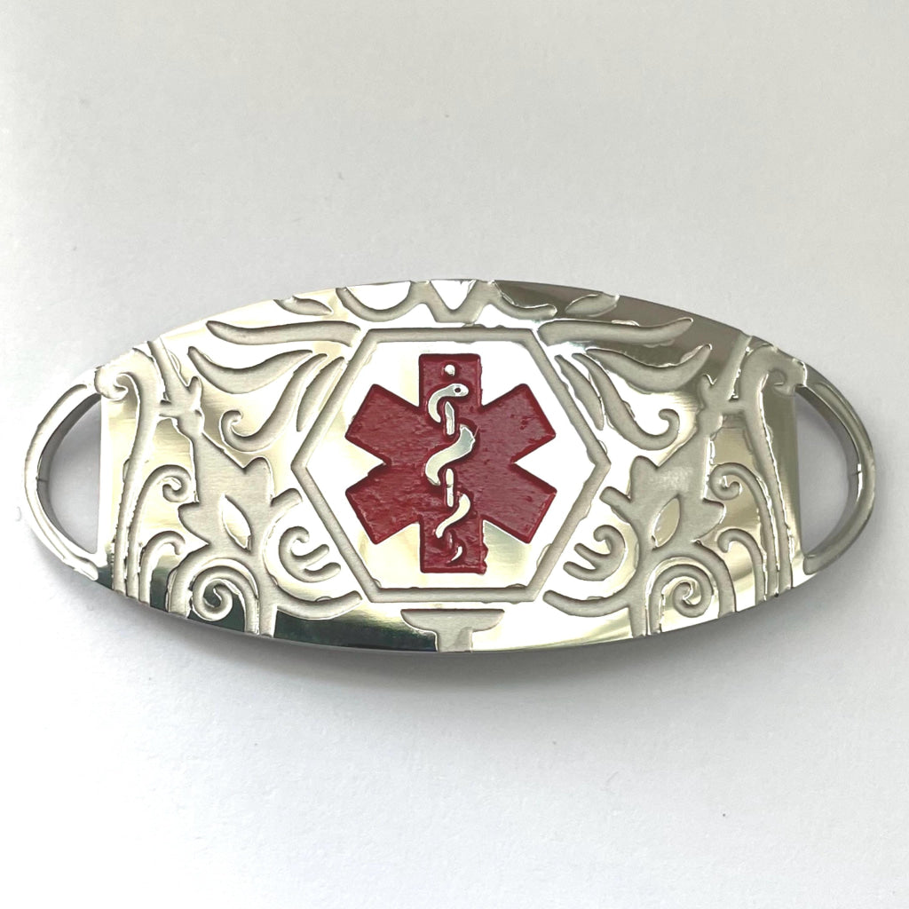 Stainless Steel Medical Alert Tag | Red Symbol | Add to Own Jewellery | Includes 3 Lines Personalised Engraving | From buyamedicalalert.com