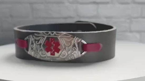 Mona Red & Grey Genuine Leather Medical Alert ID Bracelet Free Personalised Engraving Custom Made to Fit by Shelley @buyamedicalalert.com