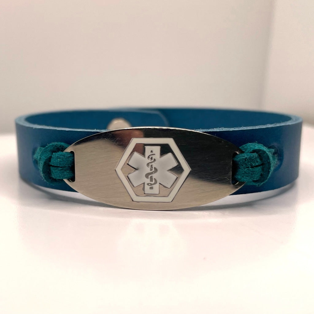 buyamedicalalert.com Lister Blue Leather Medical Alert ID Bracelet - Personalised