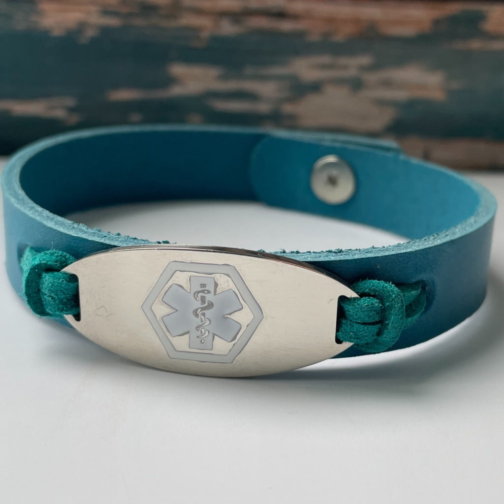 buyamedicalalert.com Lister Blue Leather Medical Alert ID Bracelet - Personalised