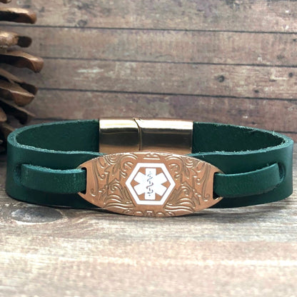 buyamedicalalert.com Wakley Green Leather Medical Alert ID Bracelet - Personalised